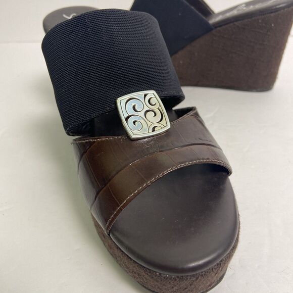 BRIGHTON Dream Brown Black Silver Leather Wedge Slip On Summer Sandals Size 7 - Picture 11 of 11